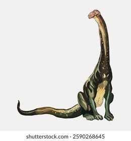 Illustration of a dinosaur with a long neck and tail, sitting upright. The dinosaur has a green and brown body with a pinkish head, set against a plain background. Vintage animal illustration vector.