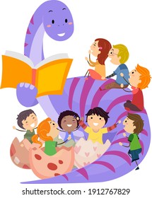 Illustration Of A Dinosaur Mascot Reading A Book And Telling Story To Stickman Kids