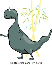 Illustration of a dinosaur near plants  	