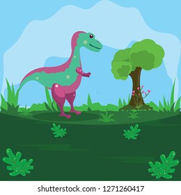 Illustration of a dinosaur on a green land with a blue sky background
