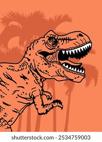 illustration dinosaur rex background palm trees