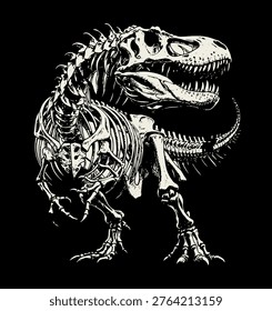 Illustration of a dinosaur skeleton in an aggressive pose.	