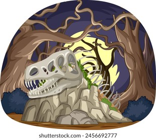 Illustration of a dinosaur skull among twisted trees