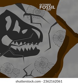 Illustration of a dinosaur skull fossil with ancient shells in rocks with bold text on dark brown background to commemorate ​National Fossil Day on October