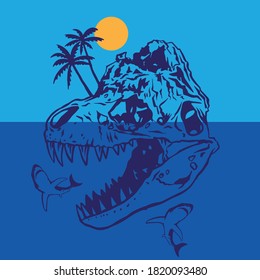 Illustration of dinosaur skull island with shark. Vector illustration.