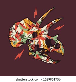 illustration of a dinosaur skull and paper cut palms background elements