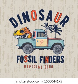 Illustration of a dinosaur skull and pickup truck. Fossil finders vector graphic.