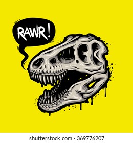 Illustration of dinosaur skull with text bubble. Tyrannosaur Rex. T-shirt print