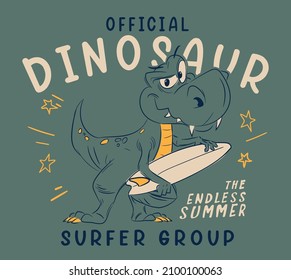 illustration of a dinosaur surfing for t-shirts