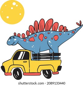 Ilustración de los dinosaurios con un coche