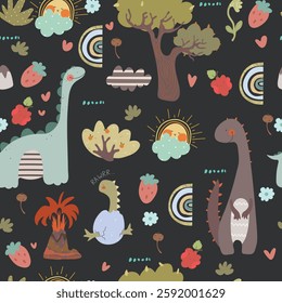 illustration with dinosaurs, fruits, plants and rainbows on black background. Seamless pattern with hand drawn animals, strawberries and plants.