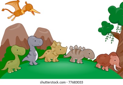 Illustration of Dinosaurs Parading Around