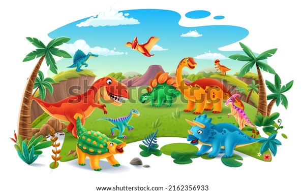 illustration with dinosaurs scenery with Jurassic jungle vector cartoon