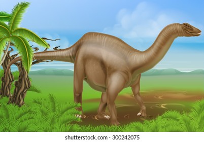 An illustration of a Diplodocus dinosaur from the sauropod family like brachiosaurus and other long neck dinosaurs in a background scene. What we used to call brontosaurus