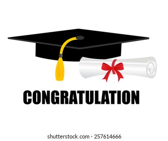 Illustration of a diploma and mortarboard cap symbolizing graduation. and congratulations text on bottom