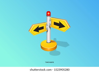 Illustration of direction signs pointing right and left in simple cartoon style. Symbolize two options, two ways, two approaches.