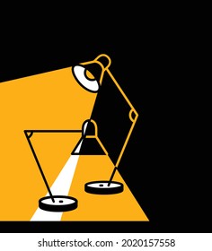 Illustration with directional rays of light. Artificial lighting with table lamps. Drawing in the style of contour graphics