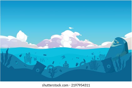 Illustration of dirty underwater surface with different kind of garbage, sky, big cloud, fauna, coral reef, seaweed, algae, plants. Silhouette polluted ocean surface