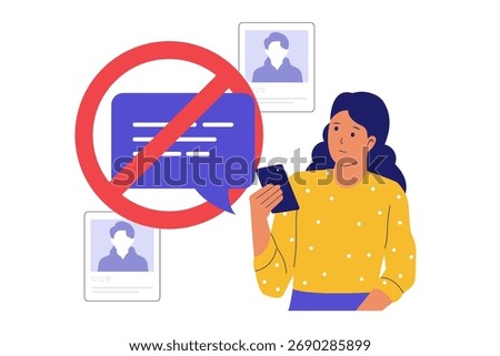 Illustration of Disable Comments and Online Content Control. Woman Turning Off Comments on a Post to Prevent Harassment or Spam