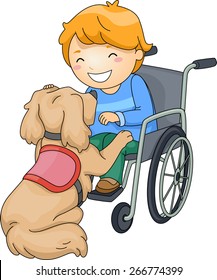 Illustration of a Disabled Boy Playing with an Assistance Dog