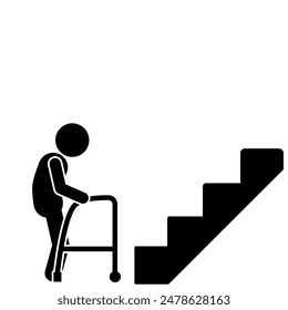 illustration of a disabled flat stick figure character crossing a staircase