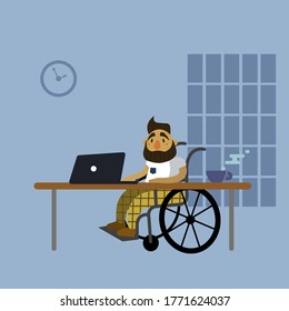 An illustration of a disabled man sitting in a wheelchair at the desk with laptop. Blue background. Freelancer or student.