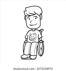 illustration of a disabled young man riding a wheelchair smiling, black and white cartoon style, vector format, good for children's coloring teaching materials, clothing, and visual elements and other