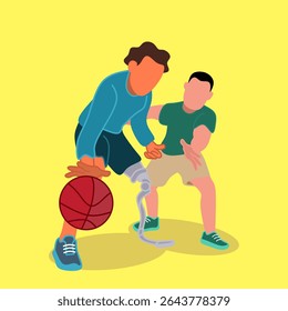 Uma ilustração de desabilita atleta, jogadores de basquete com perna protética jogando uma-a-uma ilustração plana