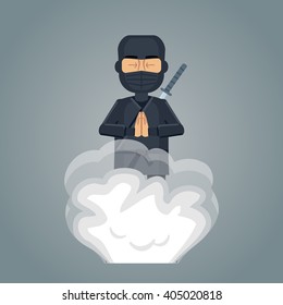 Illustration of a disappearing ninja. Ninja using secret technique to become invisible. Ninja magic. Flat style vector illustration.