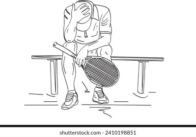 Illustration of a disappointed male tennis player with defeated expression, Sports disappointment sketch, Sad sportsman illustration, Tennis match disappointment