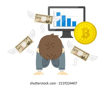 Illustration of a disappointed man due to the collapse of virtual currency.