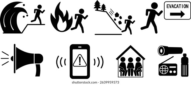 Illustration of disaster evacuation behavior and disaster prevention icon set