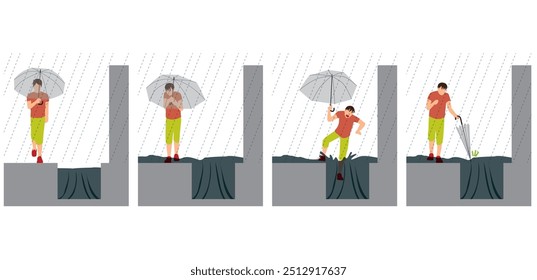 Ilustração de desastre, chuva forte, uma pessoa com um guarda-chuva, canal de irrigação e o risco de cair em uma sarjeta