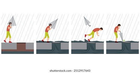 Illustration of disaster, heavy rain, a person with an umbrella and the risk of falling through a manhole