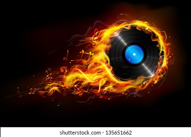 illustration of disc in fire flame for sizzling music background