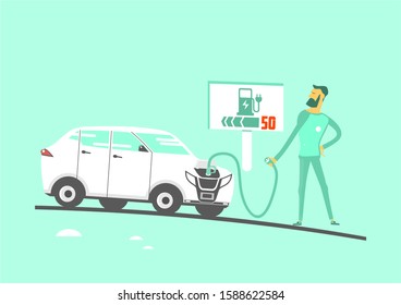 Illustration of the discharged electric car problem. Cartoon character with an electric car. Flat vector.