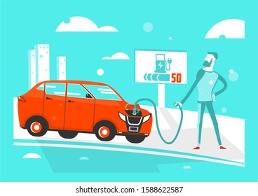 Illustration of the discharged electric car problem. Cartoon character with an electric car. Flat vector.