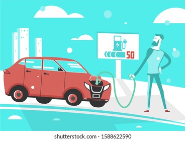 Illustration of the discharged electric car problem. Cartoon character with an electric car. Flat vector.
