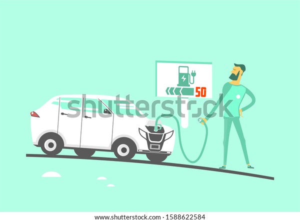 Illustration of the discharged\
electric car problem. Cartoon character with an electric car. Flat\
vector.