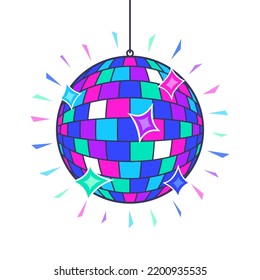 Illustration of disco ball. Mirror glitter sphere with reflecting surface. Image for party flyer.