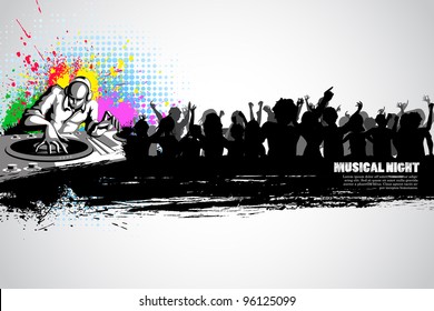 illustration of disco jockey with party crowd on musical background