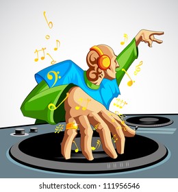 illustration of disco jockey playing music in discotheque