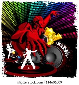 illustration of disco jockey playing music on musical background