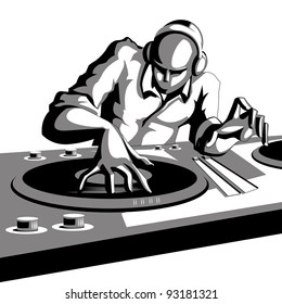 illustration of disco jockey playing music in discotheque