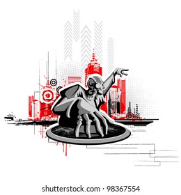 illustration of disco jockey playing music on urban cityscape