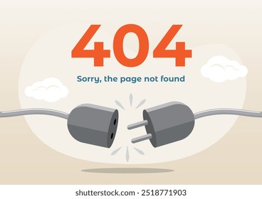 An illustration of Disconnected wires from the outlet. Cable and socket. 404 error page not found banner. System error, broken page.