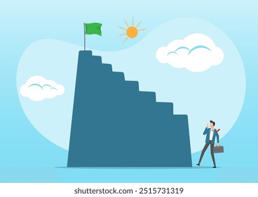 Uma ilustração de empresário desanimado olhando para o primeiro passo de alta íngreme da escada de sucesso. O primeiro passo é o mais difícil, a curva de aprendizado ou a dificuldade superada ao iniciar novos negócios