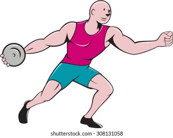 Illustration of a discus thrower viewed from the side set on isolated white background done in cartoon style. 