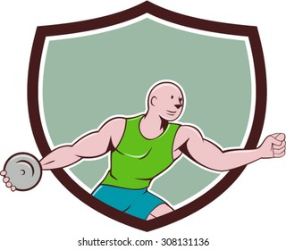 Illustration of a discus thrower viewed from the side set inside shield crest on isolated background done in cartoon style. 