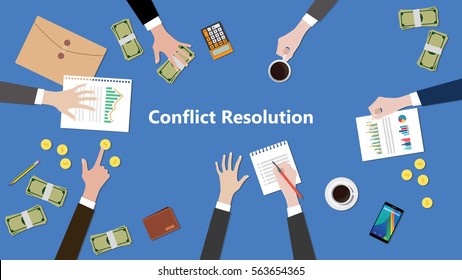 Illustration Of Discussion About Conflict Resolution In A Team Work With Paperworks On Top Of Table